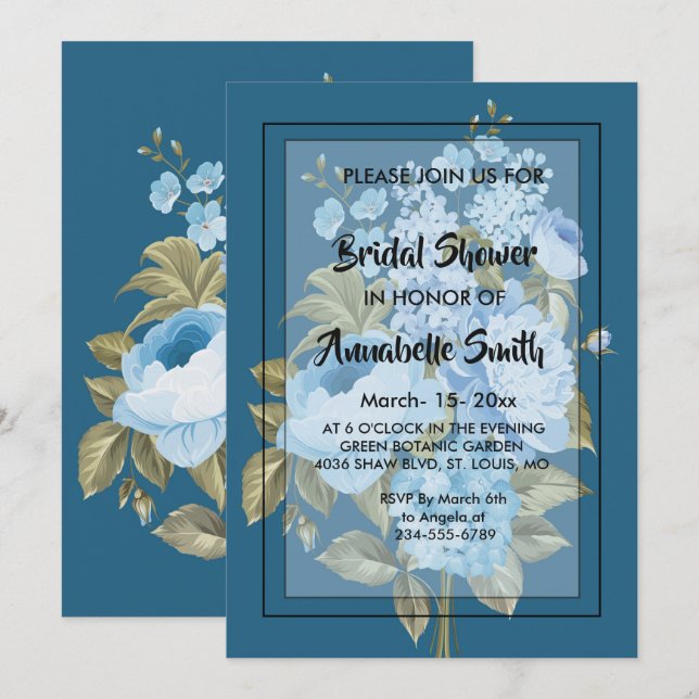 Möhippan Klassblått blommigt för Chic Inbjudningar (Fram/baksida)