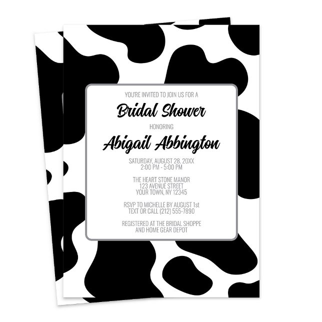 Möhippan Kodutskrift Inbjudningar (Cow Print Bridal Shower Invitation at Artistically Invited on Zazzle. )