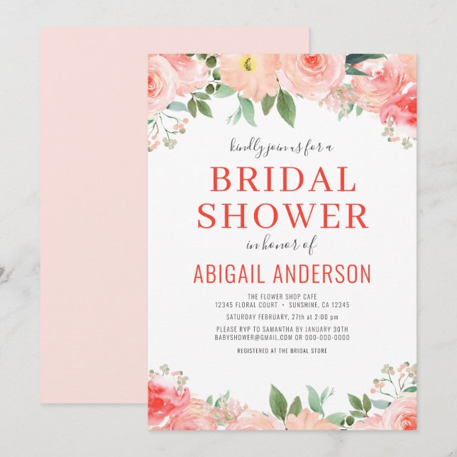 Möhippan Korall Blommigt, persika vattenfärg Inbjudningar (Fram/baksida)
