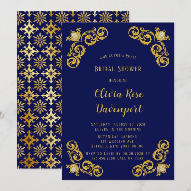 Möhippan Krona Damask vid Royalet Blue och Guld Inbjudningar (Fram/baksida)