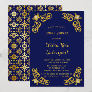 Möhippan Krona Damask vid Royalet Blue och Guld Inbjudningar