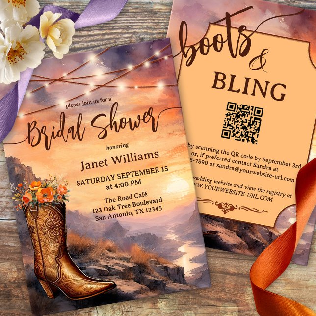 Möhippan land och Westerna Boots Inbjudningar (Watercolor bridal shower invitation featuring a cowboy boot and string lights outdoors - QR code)