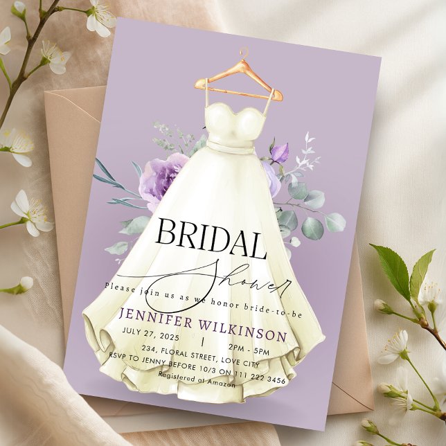 Möhippan Lavender Bröllop Gown Dress Inbjudningar (Lavender Wedding Gown Dress Bridal Shower Invitation)