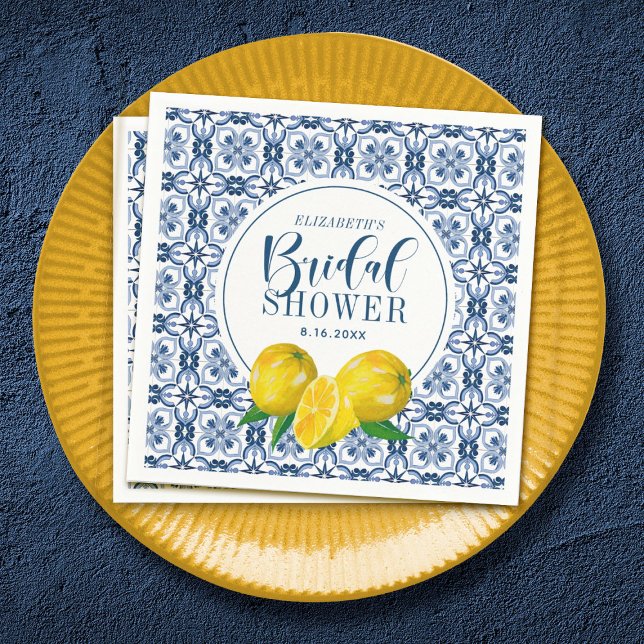 Möhippan Lemon Italienska Blue Tile Bröllop Pappersservett (Lemon Mediterranean Bridal Shower Napkin)