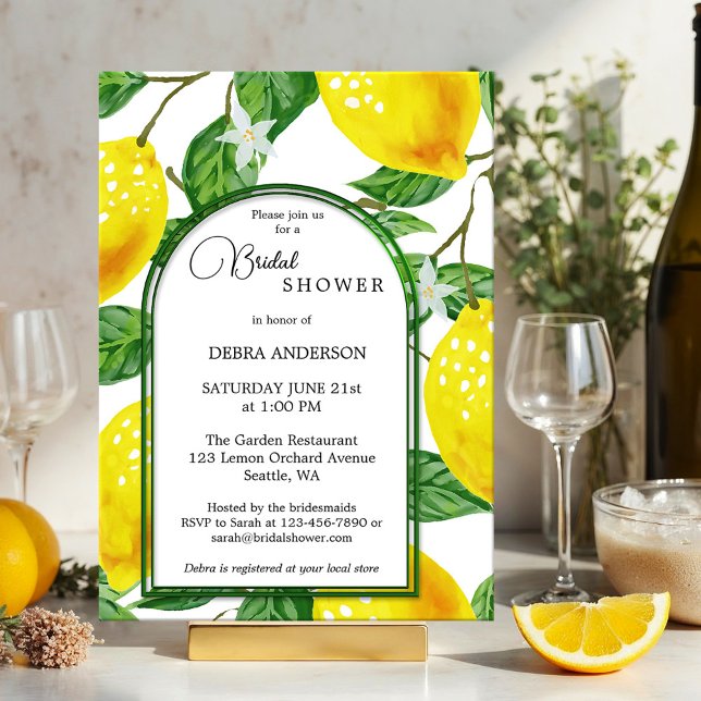 Möhippan Lemon Main Squeeze Watercolor Inbjudningar (Mediterranean bridal shower invite showing watercolor lemon citrus fruits with fresh green leaves)