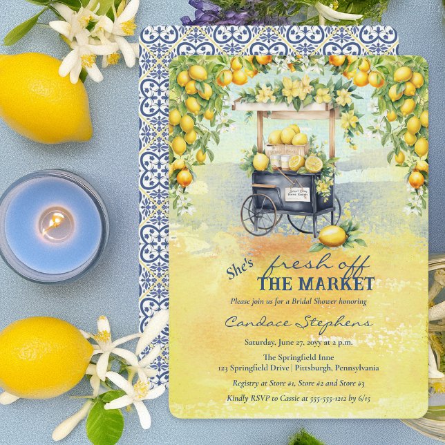 Möhippan Lemonstativ på marknaden, färsk Inbjudningar (Fresh Off the Market Mediterranean Lemon Stand Bridal Shower Invitation - Print | Digital Download)