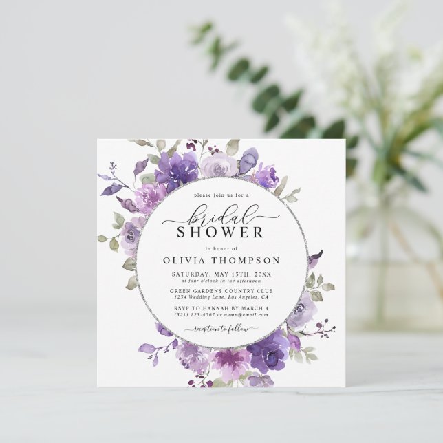 Möhippan Lilac DustyPurple Blommigt Silver Foil Inbjudningar (Stående Fram)