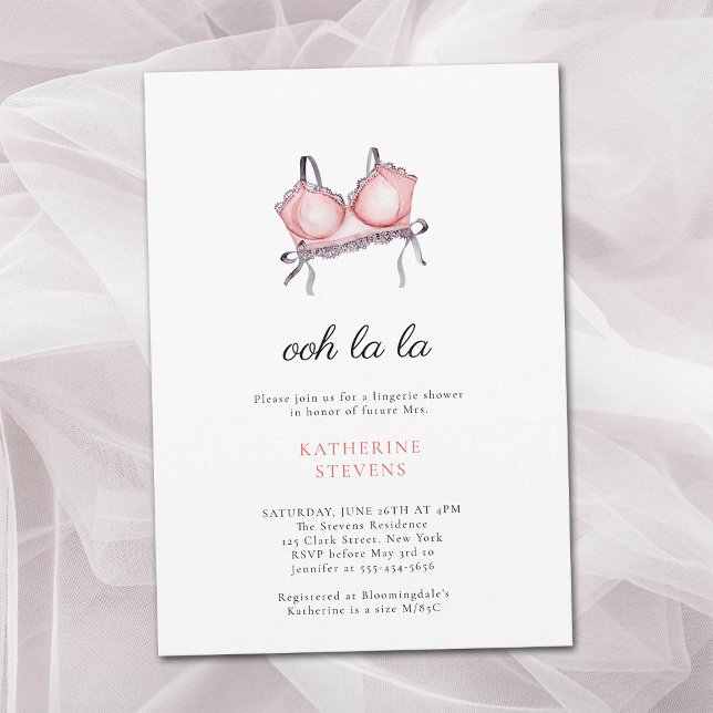 Möhippan Lingerie Party Oh La Rosett band Inbjudningar (lingerie shower bridal invite pink ribbons lace bra modern minimalist elegant classy watercolor chic)