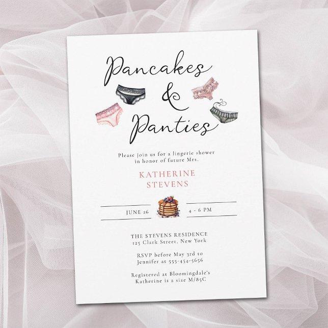Möhippan Lingerie Party Pancakes Panties Inbjudningar (panties pancakes lingerie shower bridal underwear pink black watercolor sweet sexy classy chic)