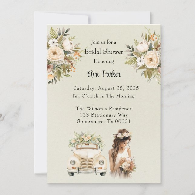 Möhippan ljust grönt Vintage bil Blommigt Inbjudningar (Framsida)