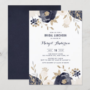 Möhippan Luncheon i flottan och Ivory Flowers Gold Inbjudningar