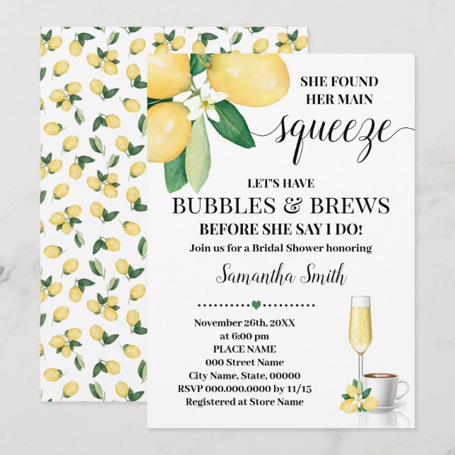 Möhippan Main Squeeze Bubbles & Brews hittades Inbjudningar (Fram/baksida)