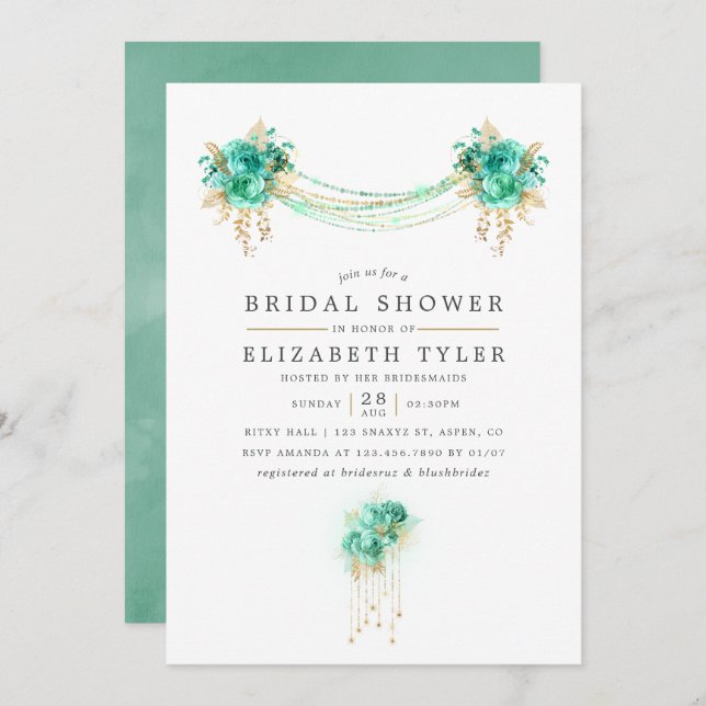 Möhippan Mint och Guld Blommigt String Ljus Inbjudningar (Fram/baksida)