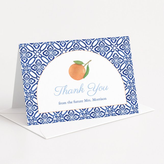 Möhippan Modern Arch Blue Tile Citrus Tack Kort (Modern arch with antique blue and white Italian tiles & single orange wedding shower thank you cards)