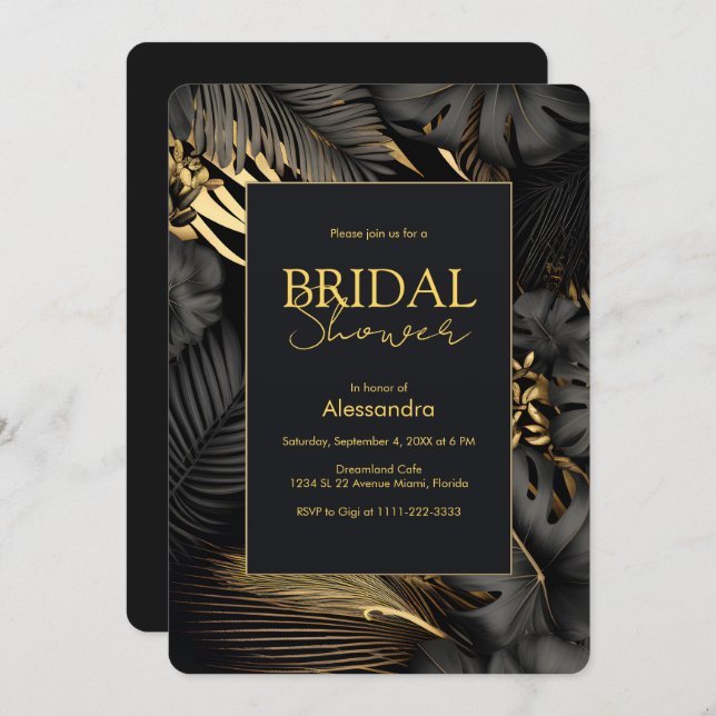 Möhippan Modern Black Guld Tropical Bröllop Inbjudningar (Fram/baksida)