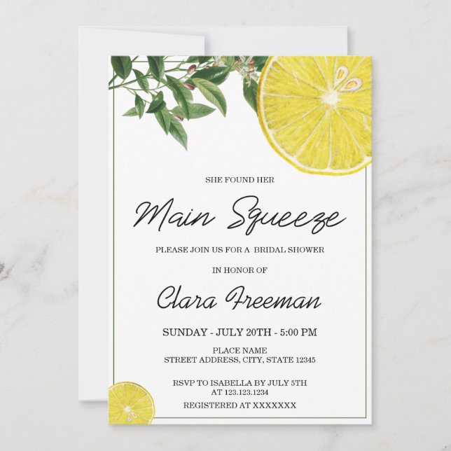 Möhippan Modern Black Script Watercolor Lemon Inbjudningar (Framsida)