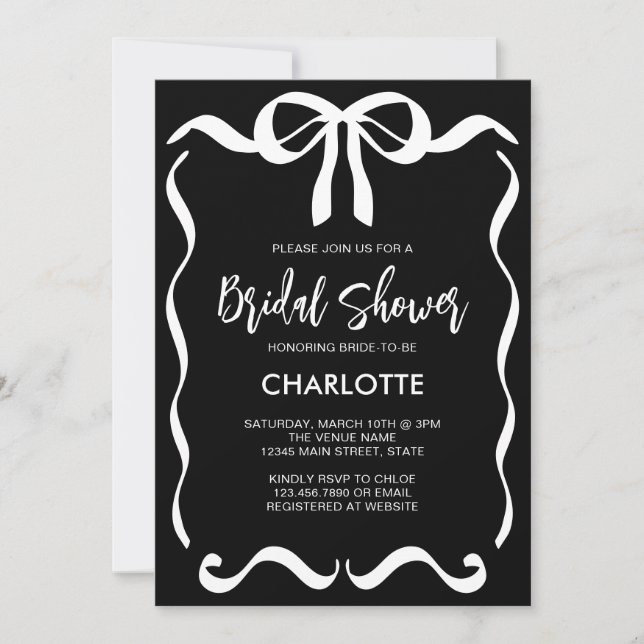 Möhippan Modern Black White Ribbon Bow Inbjudningar (Framsida)