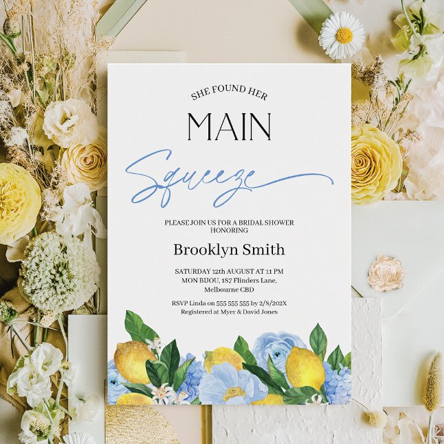 Möhippan Modern Blue Blommigt Lemon Inbjudningar (Lemon Bridal Shower Invitation Template, She Found Her Main Squeeze Bridal Shower Invitation, Blue )