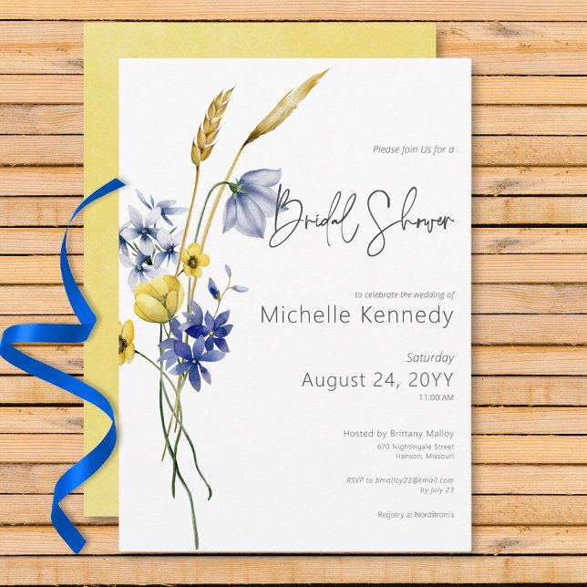 Möhippan Modern Blue & Gult Wildblommor Inbjudningar (Modern Blue & Yellow Wildflowers Bridal Shower Invitation)