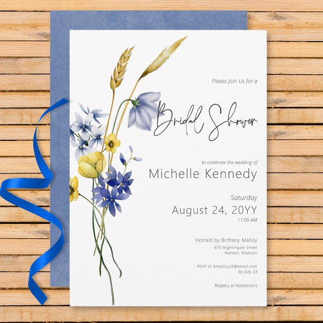Möhippan Modern Blue & Gult Wildblommor Inbjudningar (Modern Blue & Yellow Wildflowers Bridal Shower Invitation)