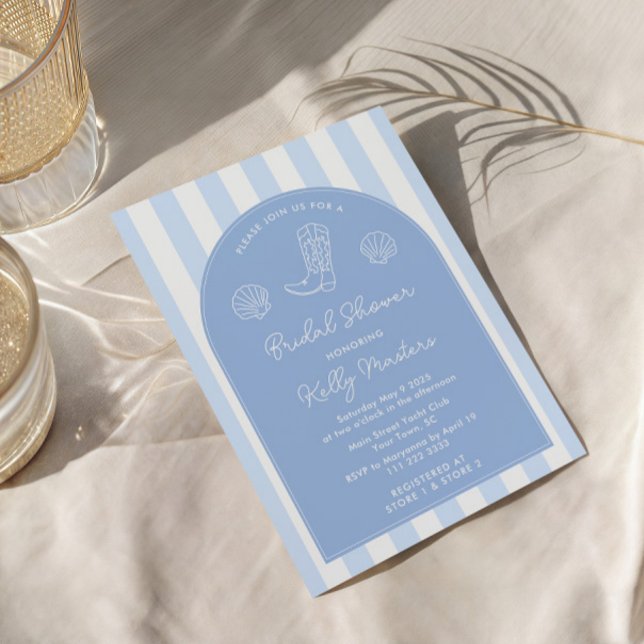 Möhippan Modern Blue & White Coastal Cowgirl Inbjudningar (Simple uncomplicated blue and white Coastal Cowgirl theme bridal shower invite template)