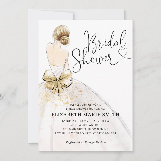 Möhippan Modern Bride White Guld Bröllop Gown Inbjudningar (Framsida)