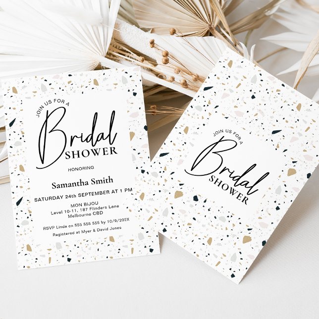 Möhippan Modern Calligraphy Terrazzo Inbjudningar (Light colored terrazzo bridals shower invitation featuring a modern calligraphy heading. )
