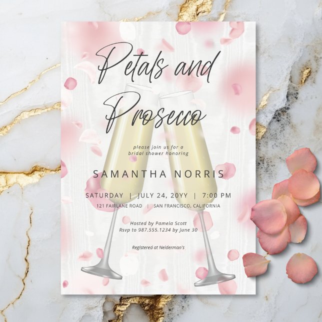 Möhippan Modern Champagne Petals & Prosecco Inbjudningar (Modern Champagne Petals & Prosecco Bridal Shower Invitation)