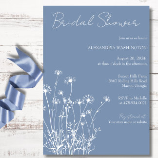 Möhippan Modern Dusty Blue & White Wildblomma Inbjudningar