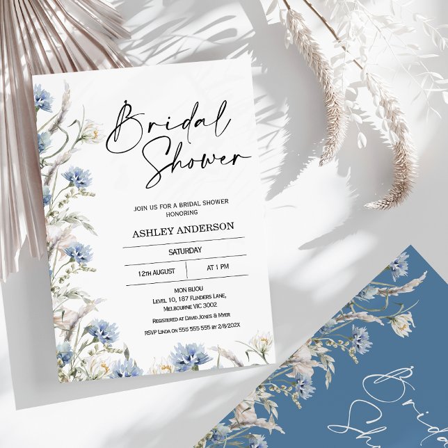 Möhippan Modern Dusty Blue Wildblomma Inbjudningar (Dusty Blue Wildflowers Bridal Shower Invitation, Modern Design, Blue Floral Bridal Shower Invitation)