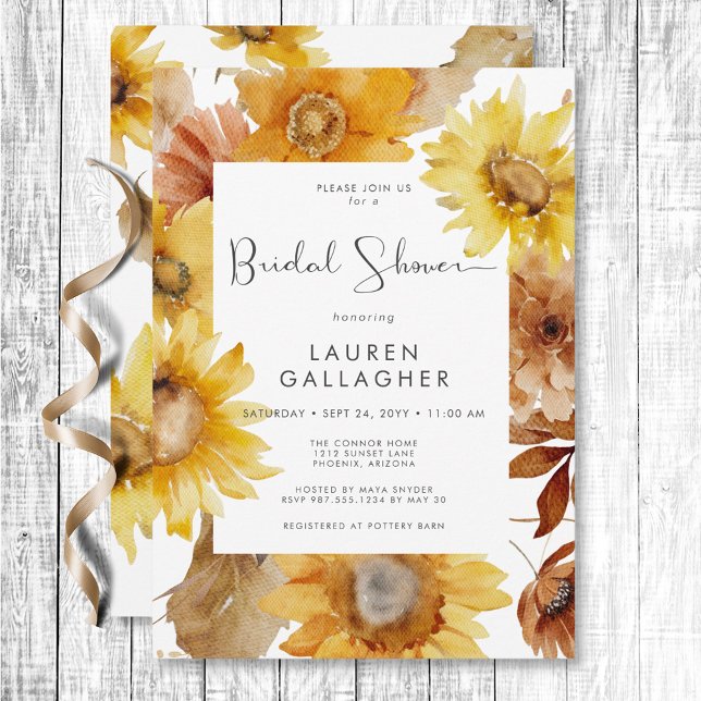 Möhippan Modern Fall-solros Blommigt Ram Inbjudningar (Modern Fall Sunflower Floral Frame Bridal Shower Invitation)