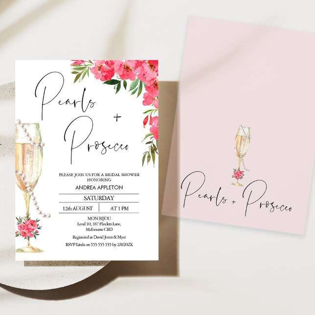 Möhippan Modern Glass Peonies Pearls Prosecco Inbjudningar (Modern Red Floral Pearls and Prosecco Bridal Shower Invitation, Champagne Glass and Pearls Bridal)