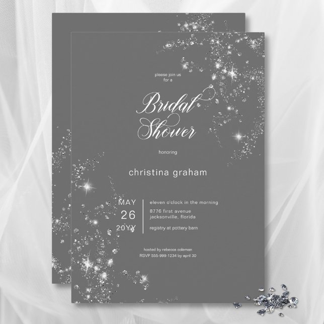 Möhippan Modern Grått och vita glasdiamanter Inbjudningar (Modern Gray & White Glam Diamonds Bridal Shower Invitation)