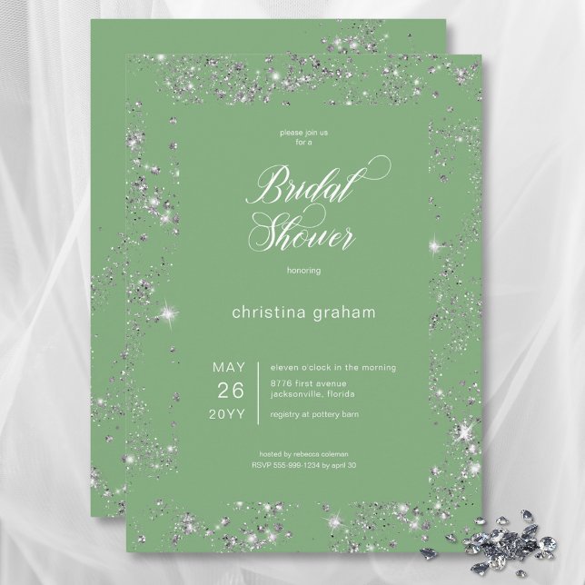 Möhippan Modern Grönt Glam Diamond Ram Inbjudningar (Modern Green Glam Diamond Frame Bridal Shower Invitation)