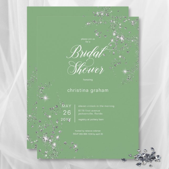 Möhippan Modern Grönt och vita glasdiamanter Inbjudningar (Modern Green & White Glam Diamonds Bridal Shower Invitation)