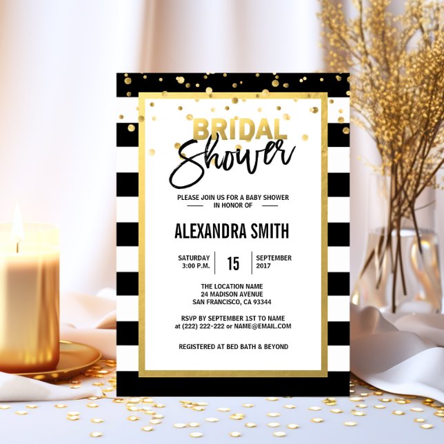 Möhippan Modern Guld Black White Rand Inbjudningar (Modern Gold Black White Stripes Bridal Shower Invitation)