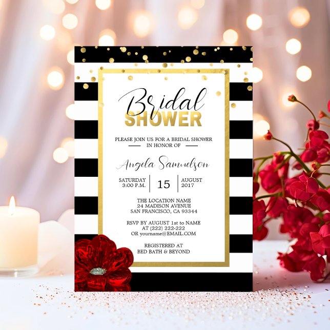 Möhippan Modern Guld Black White Röd ros Inbjudningar (Modern Gold Black White RED Rose Bridal Shower Invitation)