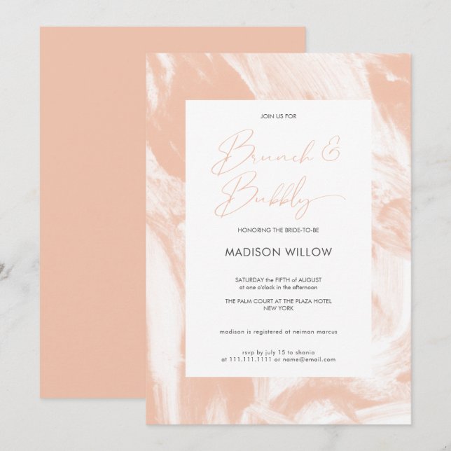 Möhippan Modern Peach Rosé Brunch Bubly Inbjudningar (Fram/baksida)