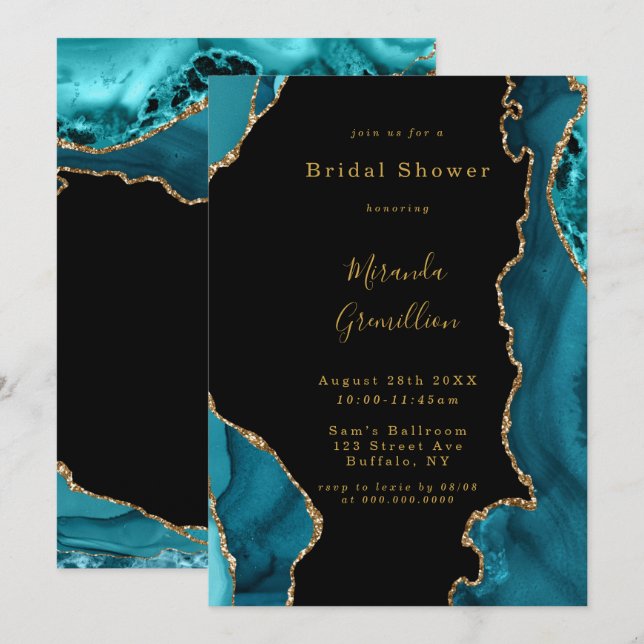 Möhippan Modern Teal och Guld Agate Stone Inbjudningar (Fram/baksida)