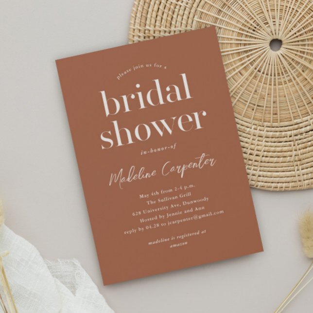 Möhippan Modern Type Terracotta Boho Inbjudningar (Simple type terracotta boho bridal shower invitation.)
