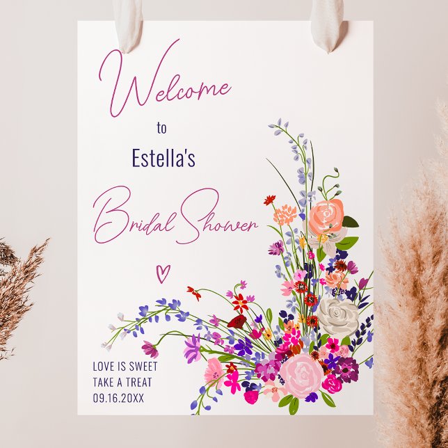 Möhippan Modern vild blomskript välkomnas Poster (Modern wild flowers script bridal shower welcome poster)
