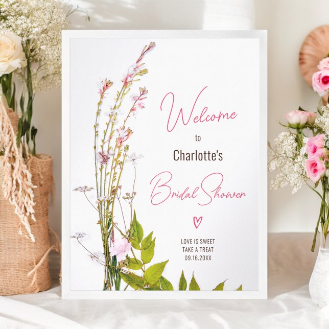 Möhippan Modern vild blomskript välkomnas Poster (Modern wild flowers script bridal shower welcome poster)