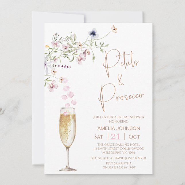 Möhippan Modern Wildbloman Petal och Prosecco Inbjudningar (Framsida)
