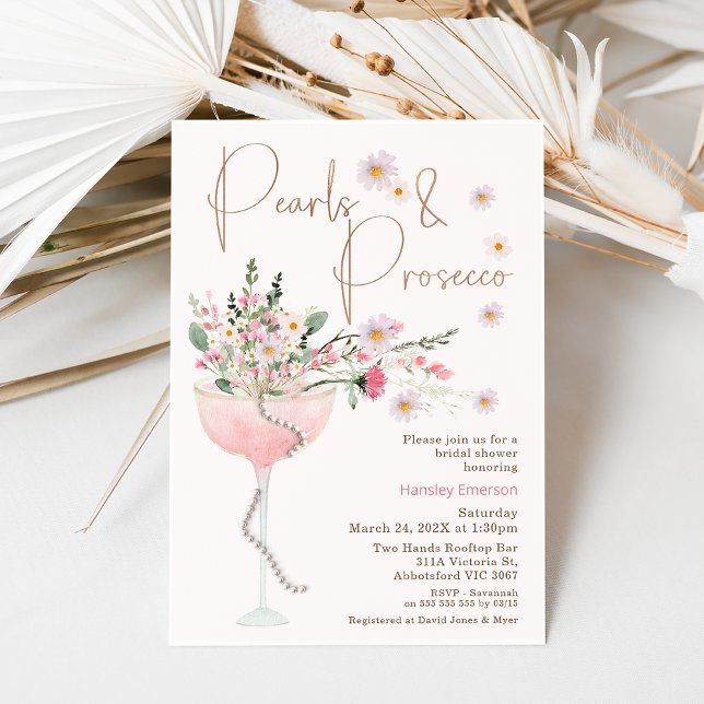 Möhippan Modern Wildblomma Pearl och Prosecco Inbjudningar (Wildflowers pearls and prosecco bridal shower. Wedding shower pearls and prosecco invite, )