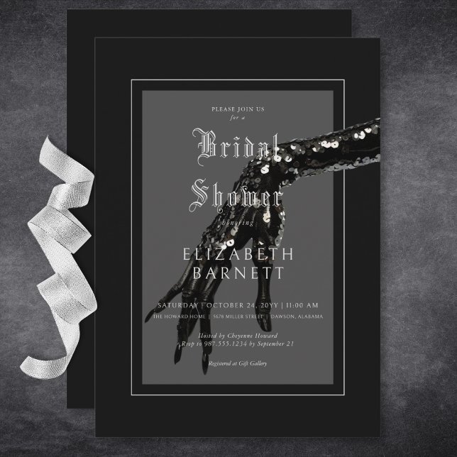 Möhippan mörk Gothic Black Sequin Hand Inbjudningar (Dark Gothic Black Sequin Hand Bridal Shower Invitation)