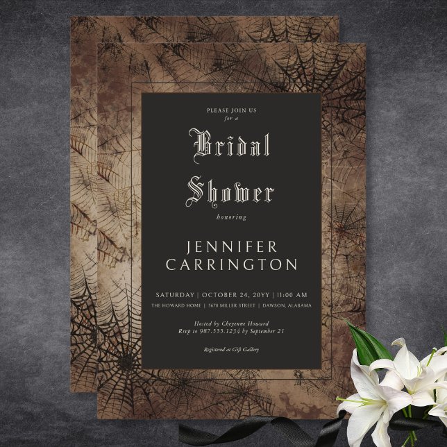 Möhippan mörk Gothic Brown & Black Spindelnät Inbjudningar (Dark Gothic Brown & Black Spider Web Bridal Shower Invitation)