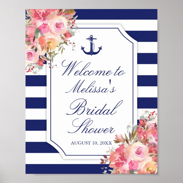 Möhippan Nautical Blommigt Anchor Blue Rand Poster (Framsidan)