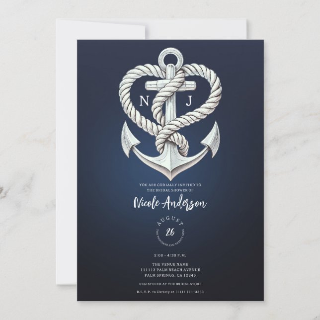 Möhippan Nautical Heart Rope Anchor Coastal Navy Inbjudningar (Framsida)