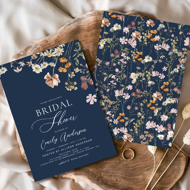 Möhippan Navy Blue Boho Wildblomma Inbjudningar (Skapare uppladdad)