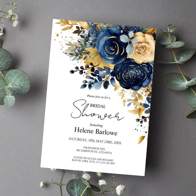 Möhippan Navy Blue Guld Modern Blommigt Inbjudningar (Navy Blue Gold Modern Floral Bridal Shower Invitation)